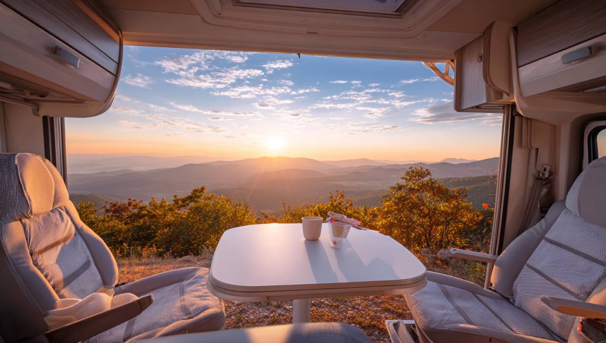 Planification camping-car réussie - Aire panoramique au coucher de soleil avec voyageurs sereins