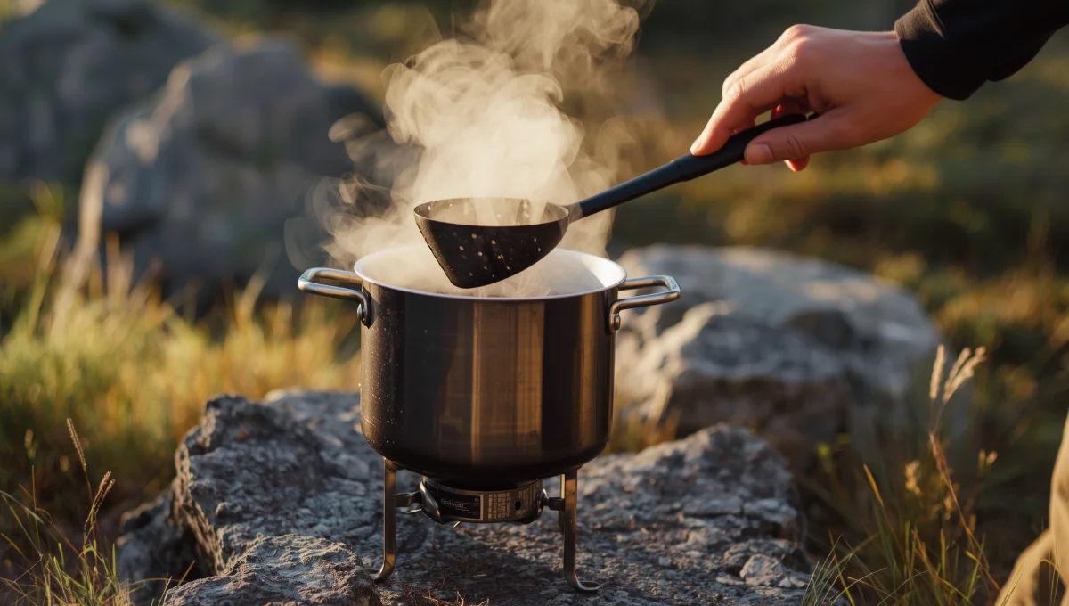 Réchaud de bivouac en action avec popote, matériel de cuisine pour camping et randonnée