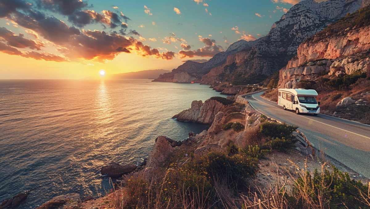 Road trip camping-car sur la côte méditerranéenne espagnole au coucher du soleil avec falaises dramatiques