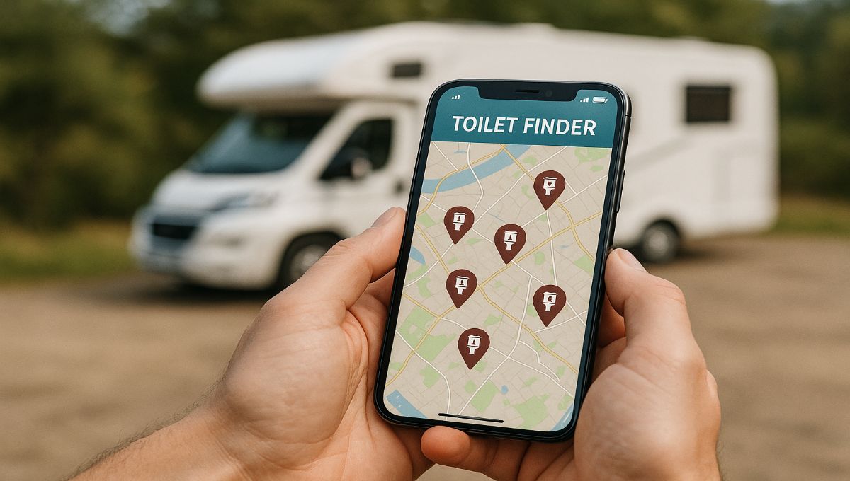 Smartphone affichant une application de recherche de toilettes avec camping-car en arrière-plan