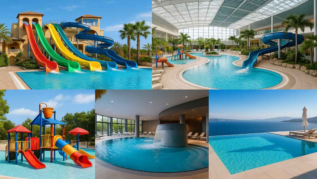 Montage des 5 meilleurs parcs aquatiques de camping : Brasilia, Alicourts, Domaine de la Breche avec leurs toboggans caractéristiques