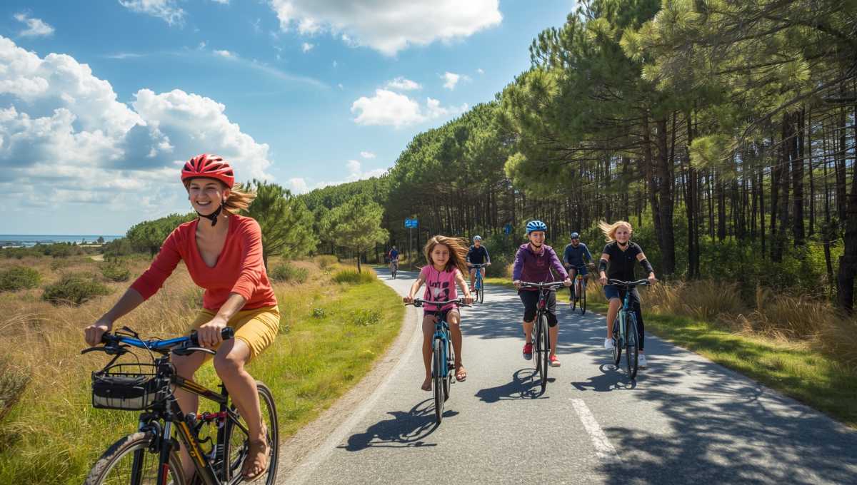 Famille à vélo sur la piste cyclable Vélodyssée dans la forêt landaise accessible depuis les campings municipaux