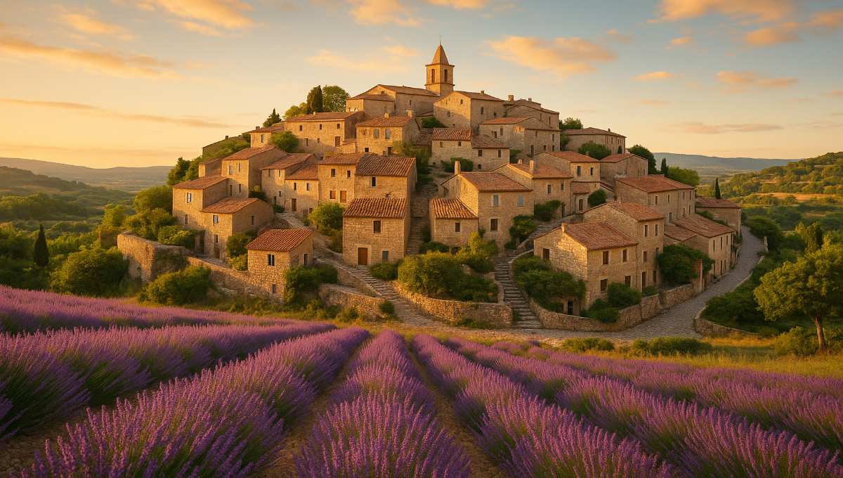 Village perché provençal près de Fréjus en Côte d'Azur - maisons en pierre, ruelles pavées et vue panoramique sur la Méditerranée