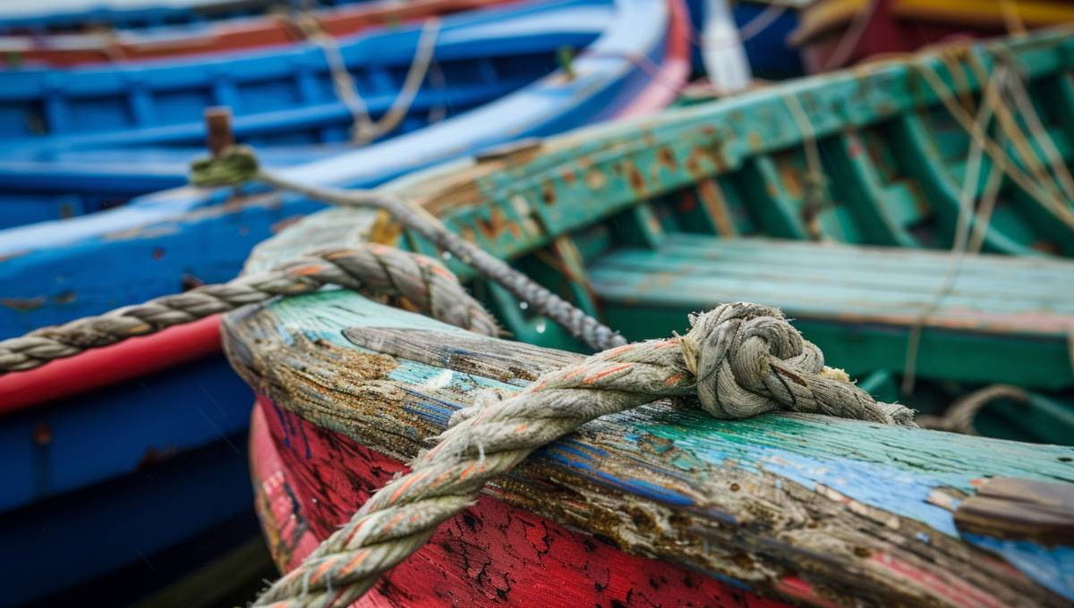 Détail de bateaux de pêche bretons traditionnels avec filets et cordages