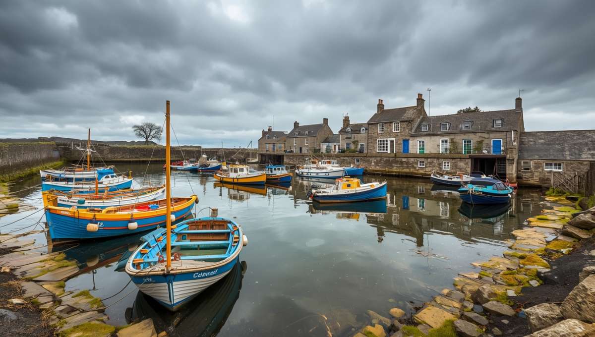 Port de pêche traditionnel en Bretagne Sud avec bateaux colorés et maisons en pierre