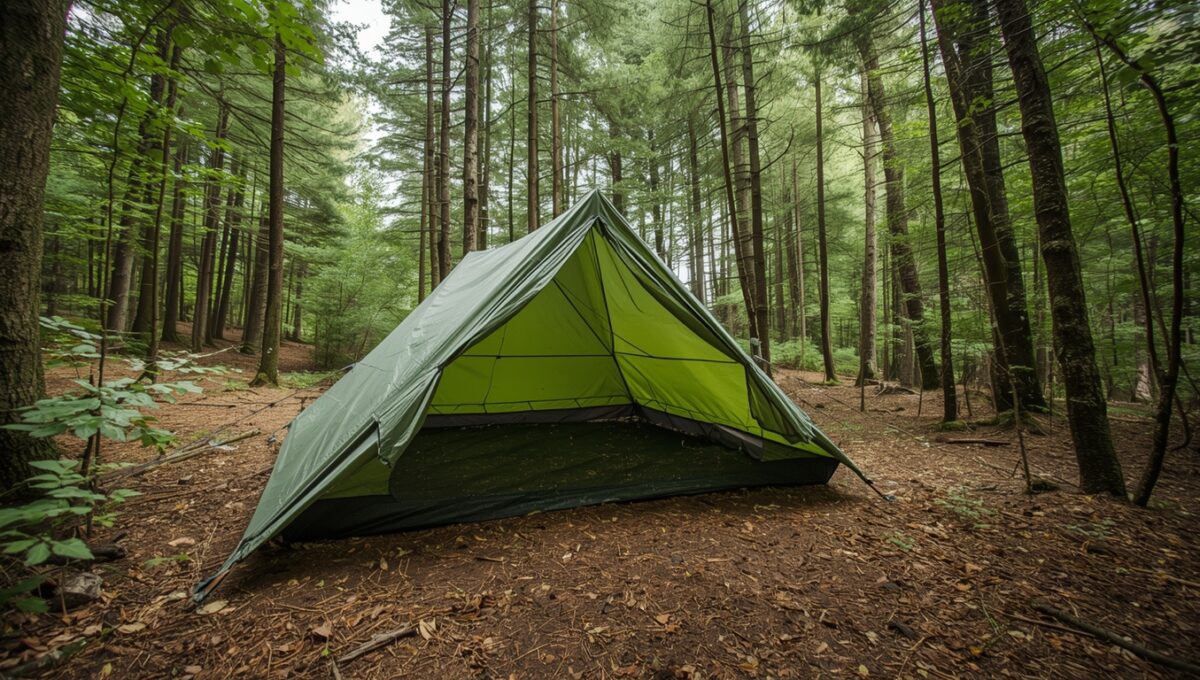 Abri tarp DIY monté en configuration pyramide dans environnement forestier naturel