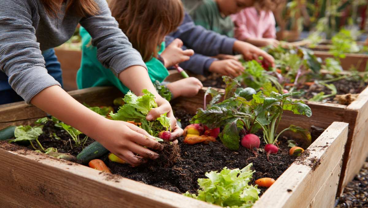 Atelier jardinage pour enfants dans un potager pédagogique avec légumes de saison