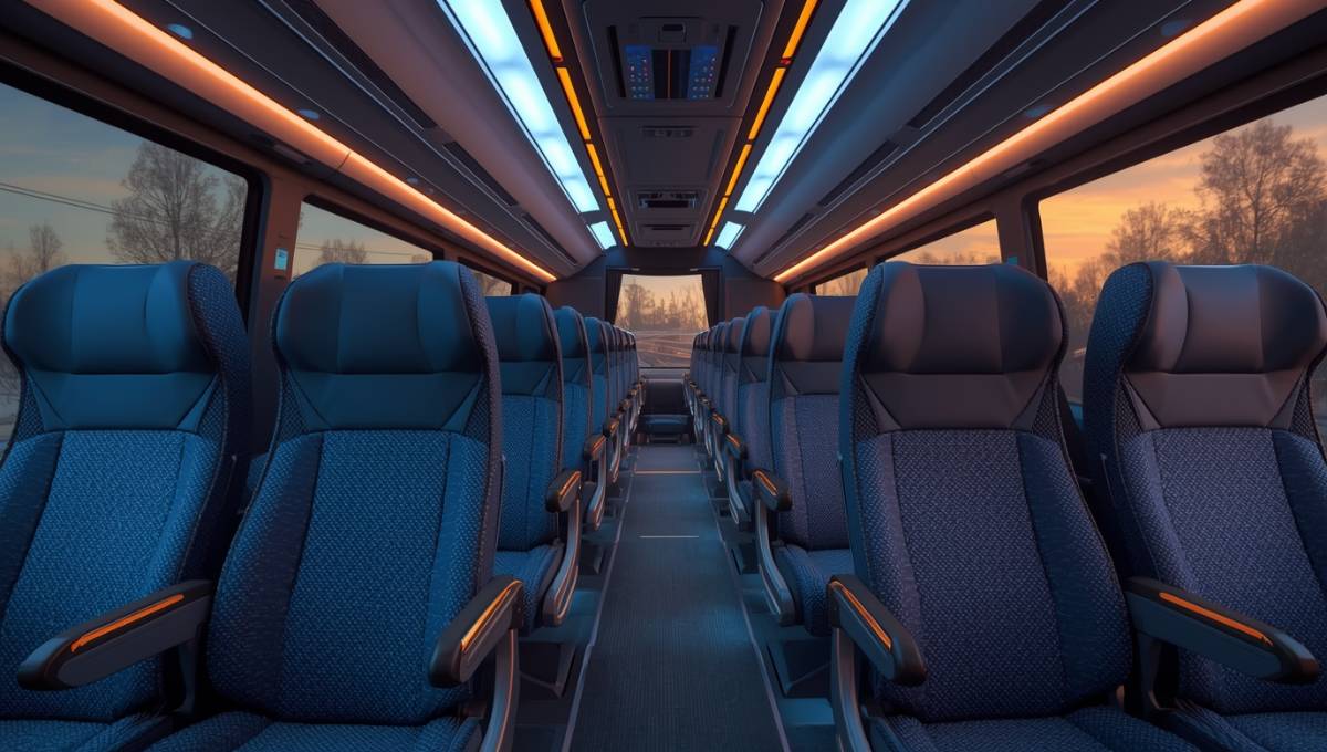 Intérieur moderne d'un autocar Verdié Voyages avec sièges confortables et grandes fenêtres panoramiques