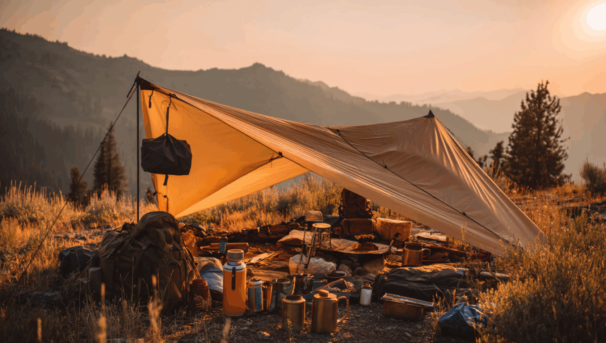 Installation camping complète avec matériel DIY fait maison en pleine nature