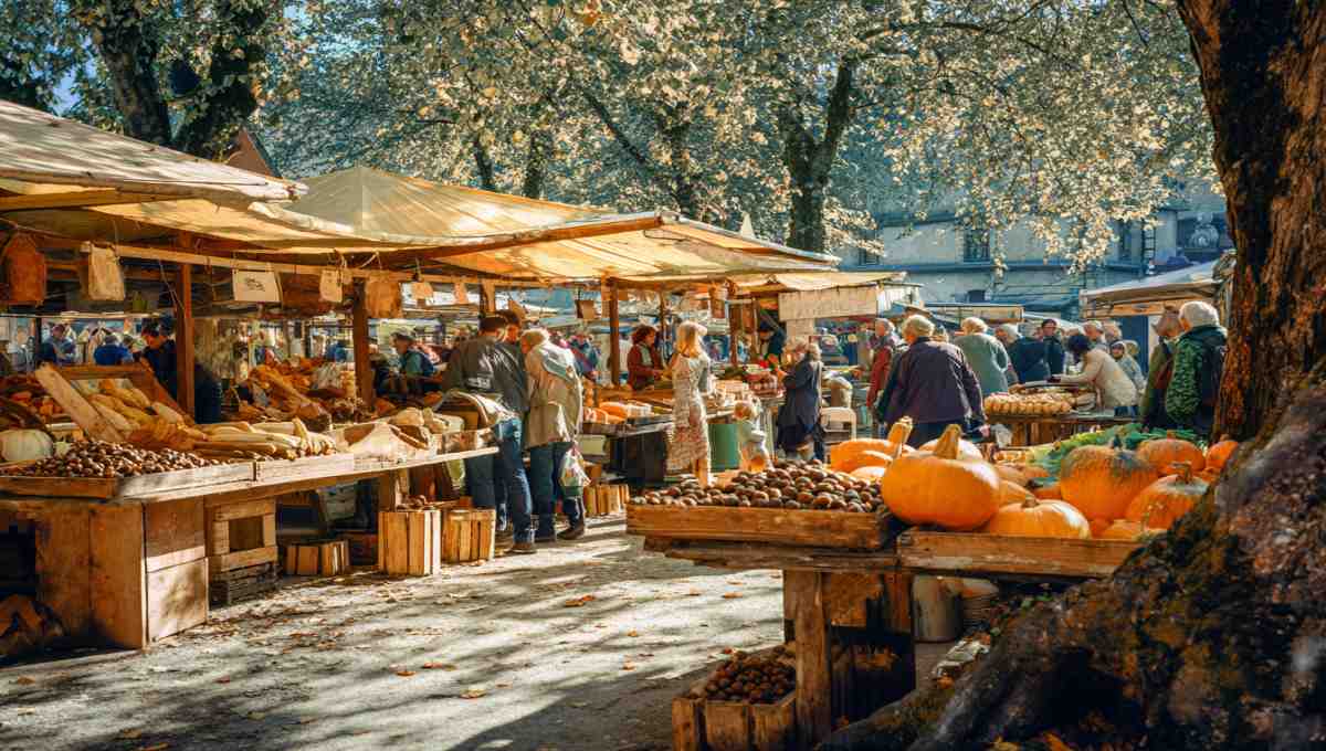 Marché automnal avec produits locaux de saison, citrouilles, châtaignes et légumes dans un village