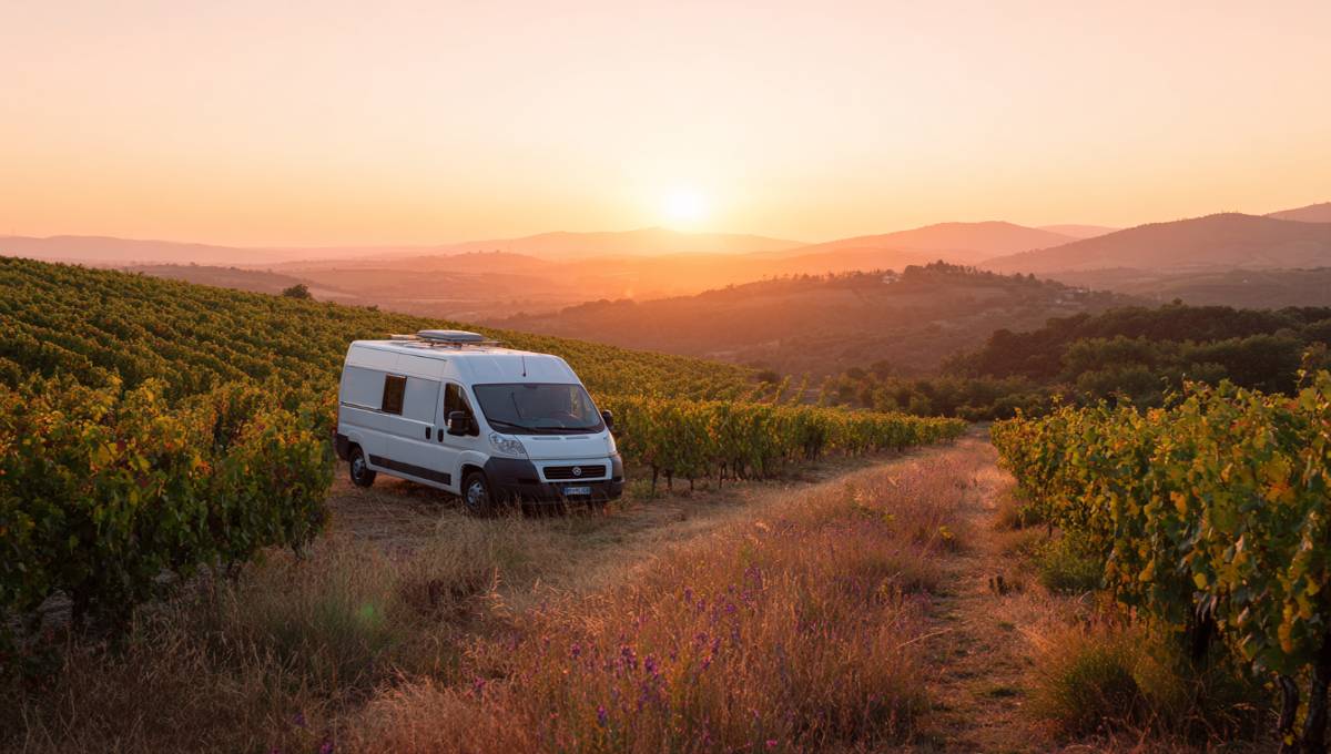 Camping-car garé dans un vignoble français au lever du soleil