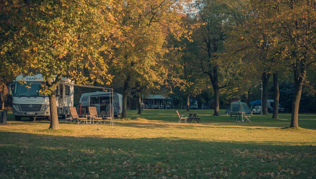 Emplacement camping spacieux en automne avec camping-car et équipement extérieur