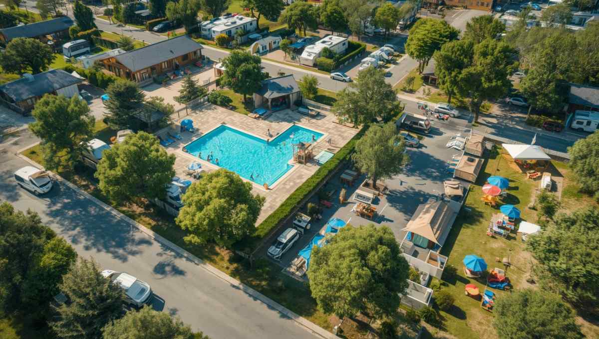 Vue aérienne d'un camping moderne avec différentes zones d'hébergement, piscine et espaces de loisirs illustrant les niveaux d'équipements