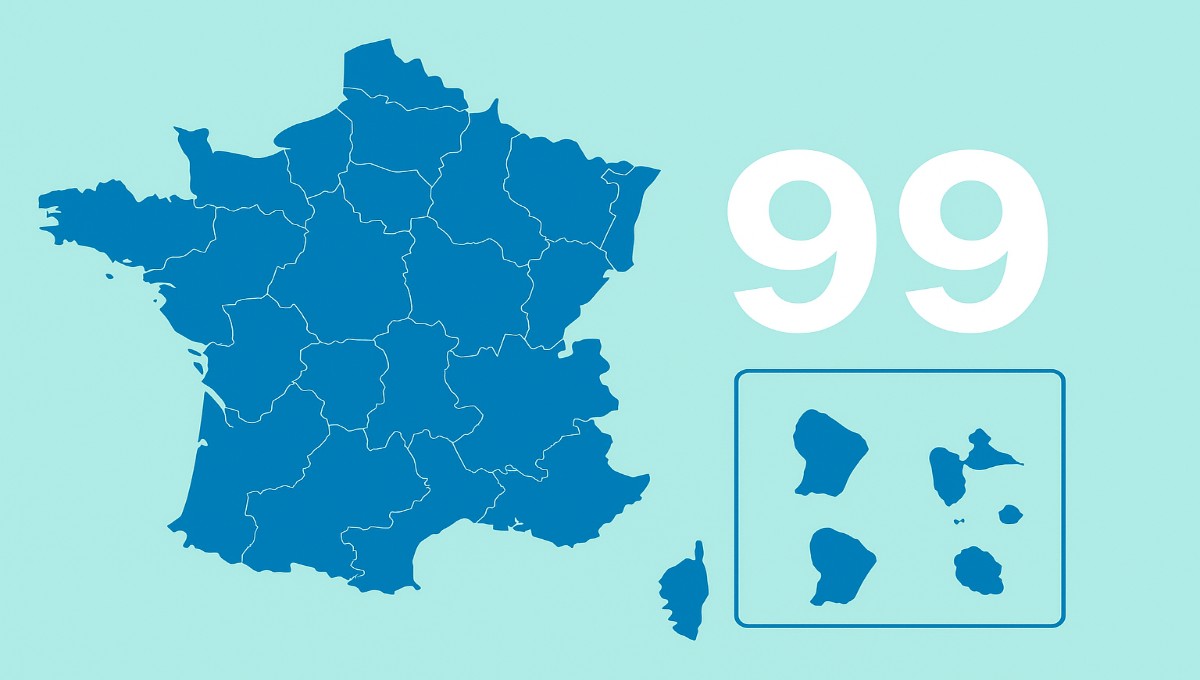Carte de France avec une petite carte des DOM sur le côté, illustrant le département 99 pour les situations administratives et les personnes nées à l'étranger