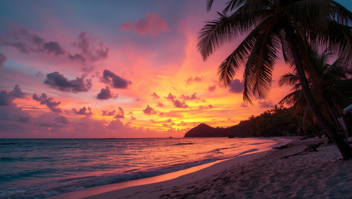 Coucher de soleil à 18h en Guadeloupe illustrant l'heure locale aux Antilles