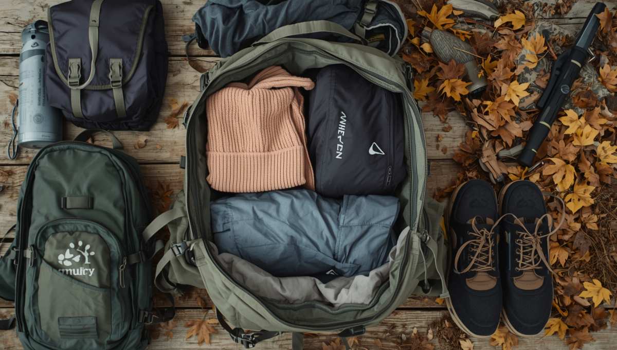 Équipement de camping automnal avec vêtements multicouches et matériel organisé