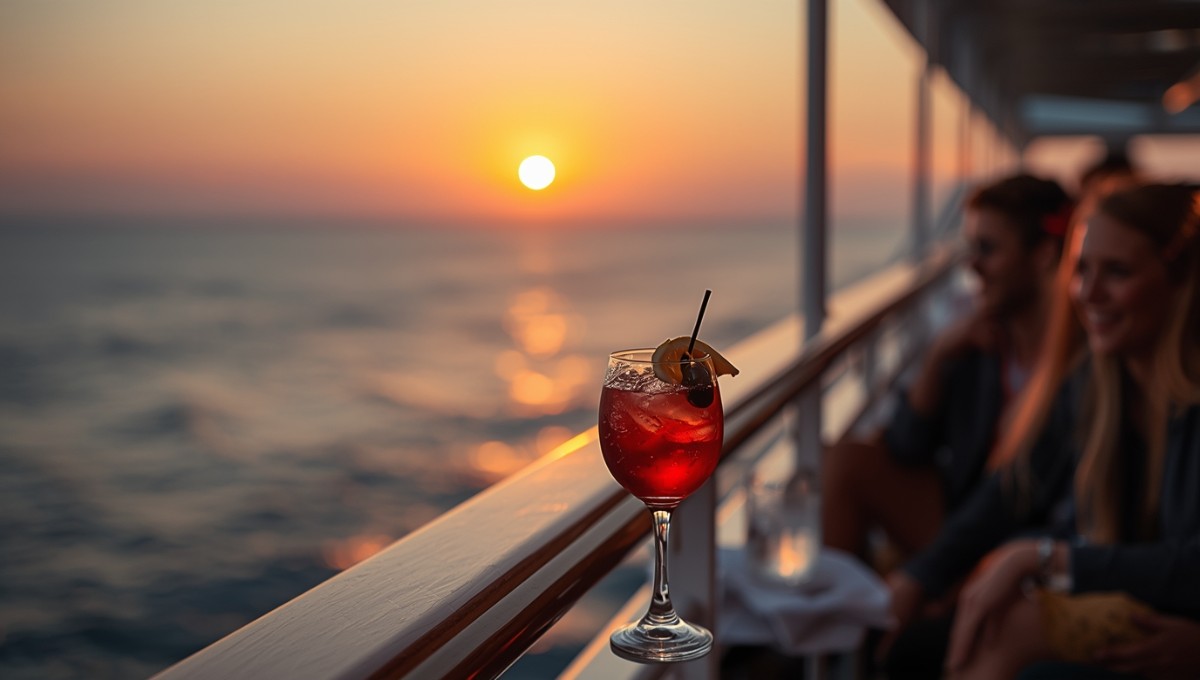 Passagers dégustant des cocktails et boissons incluses dans le forfait My Drinks Costa sur le pont d’une croisière, avec vue sur la mer au coucher du soleil.