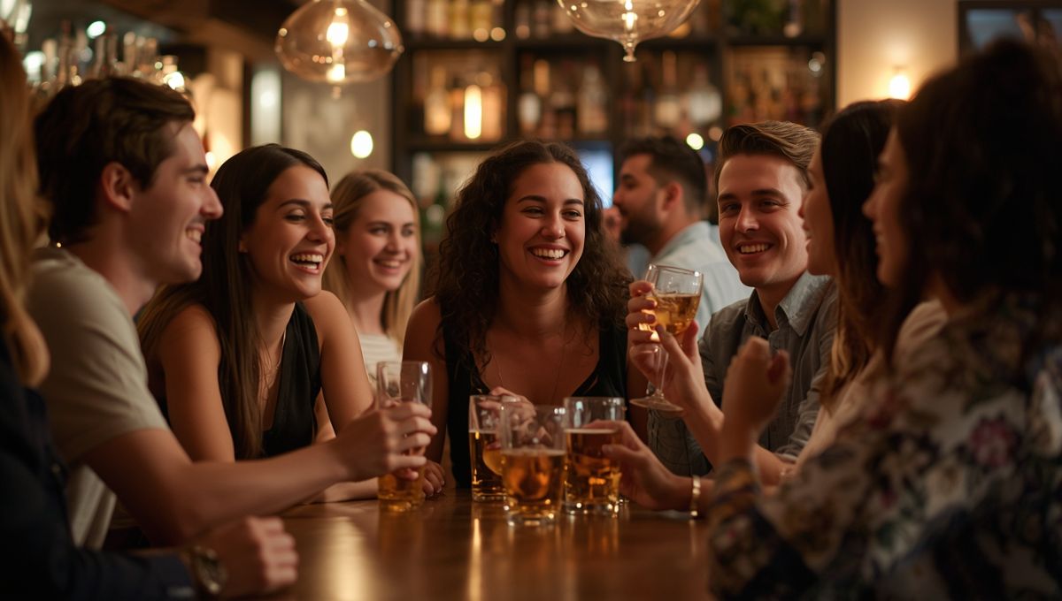 Groupe d'amis lors d'une sortie conviviale dans un bar à Lyon pour rencontrer du monde