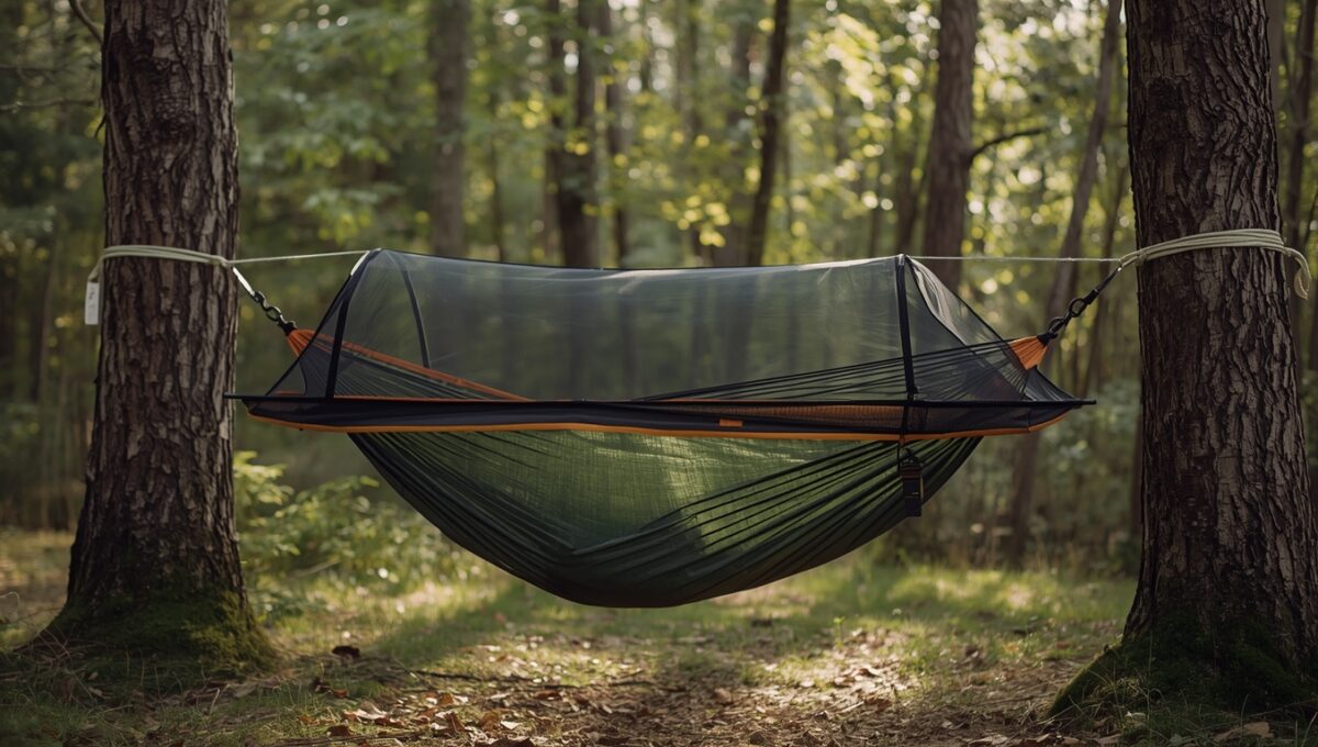 Abri tarp DIY monté en configuration pyramide dans environnement forestier naturel