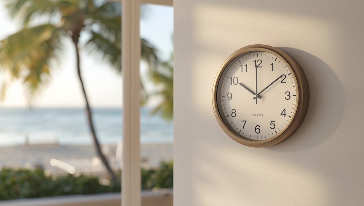 Horloge murale montrant le décalage horaire en Guadeloupe avec vue sur plage tropicale