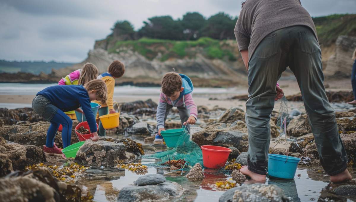 Famille avec enfants pratiquant la pêche à pied sur les rochers bretons à marée basse