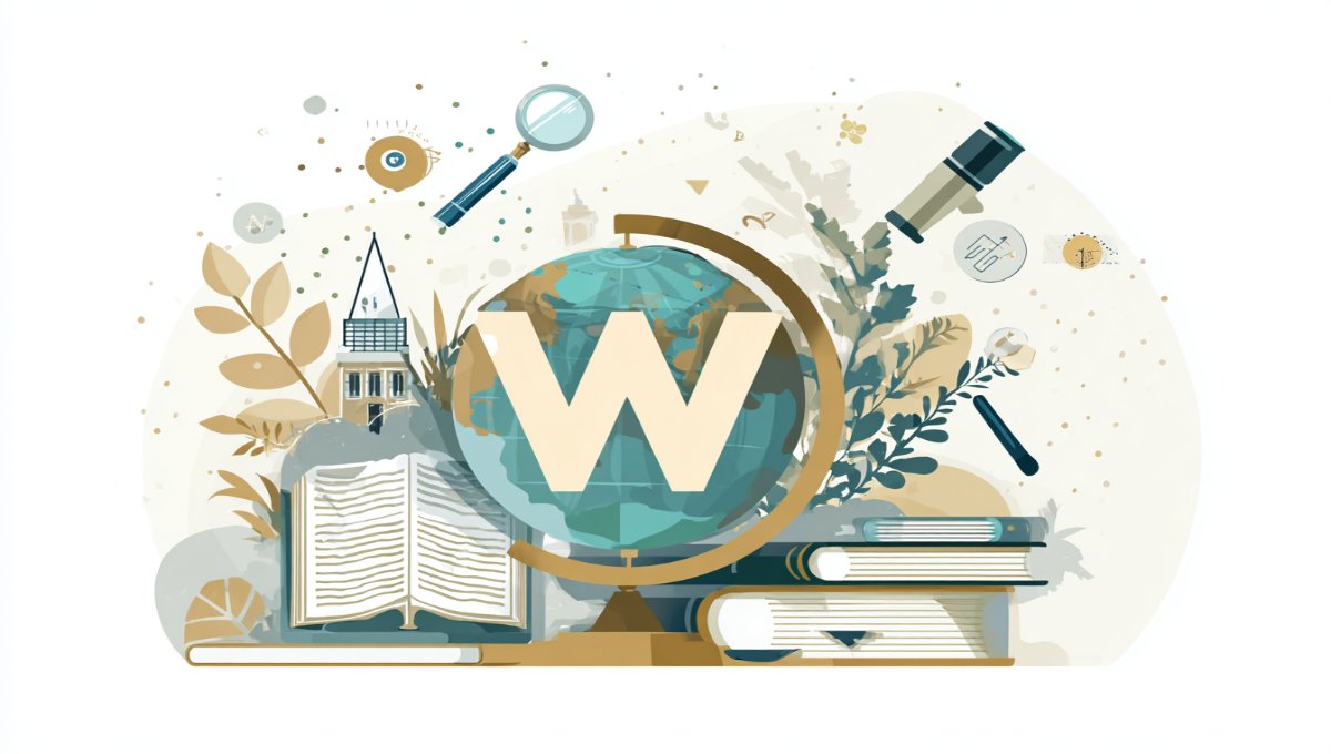 Illustration éducative avec la lettre W et un globe terrestre symbolisant la recherche des pays commençant par W.