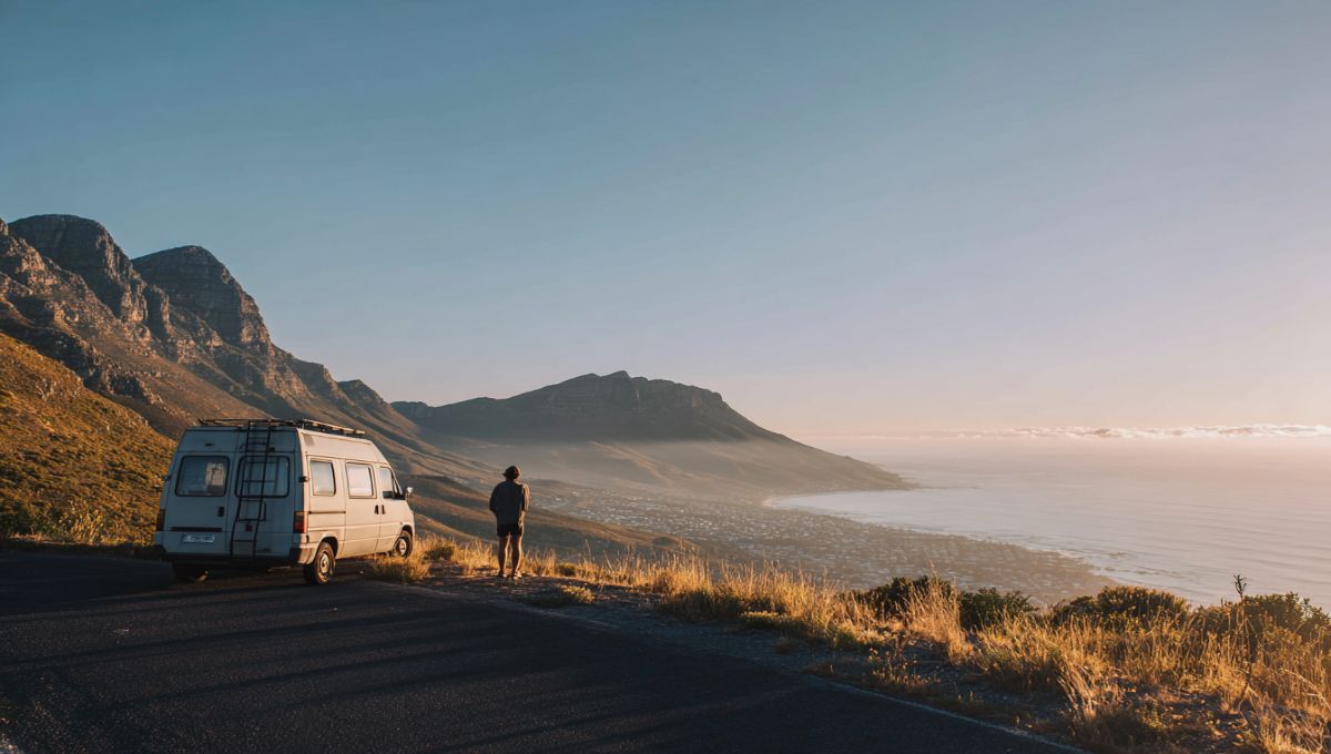 Camping-car en voyage sur route panoramique symbolisant la liberté avec budget maîtrisé