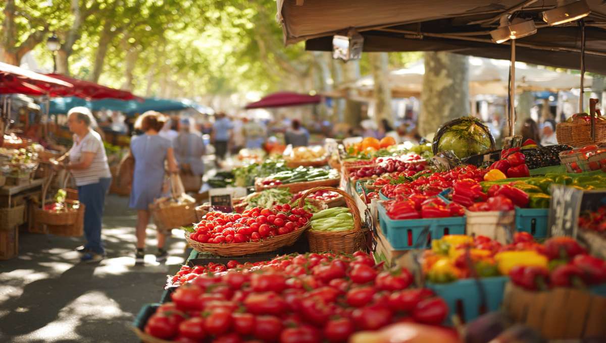 Marché provençal traditionnel Antibes étals colorés fruits légumes visiteurs ambiance