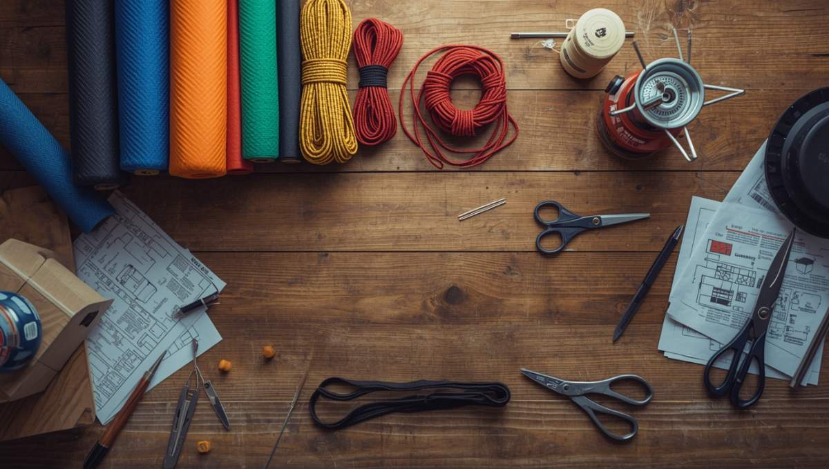 Matériaux et outils pour fabriquer équipement camping DIY sur table d'atelier