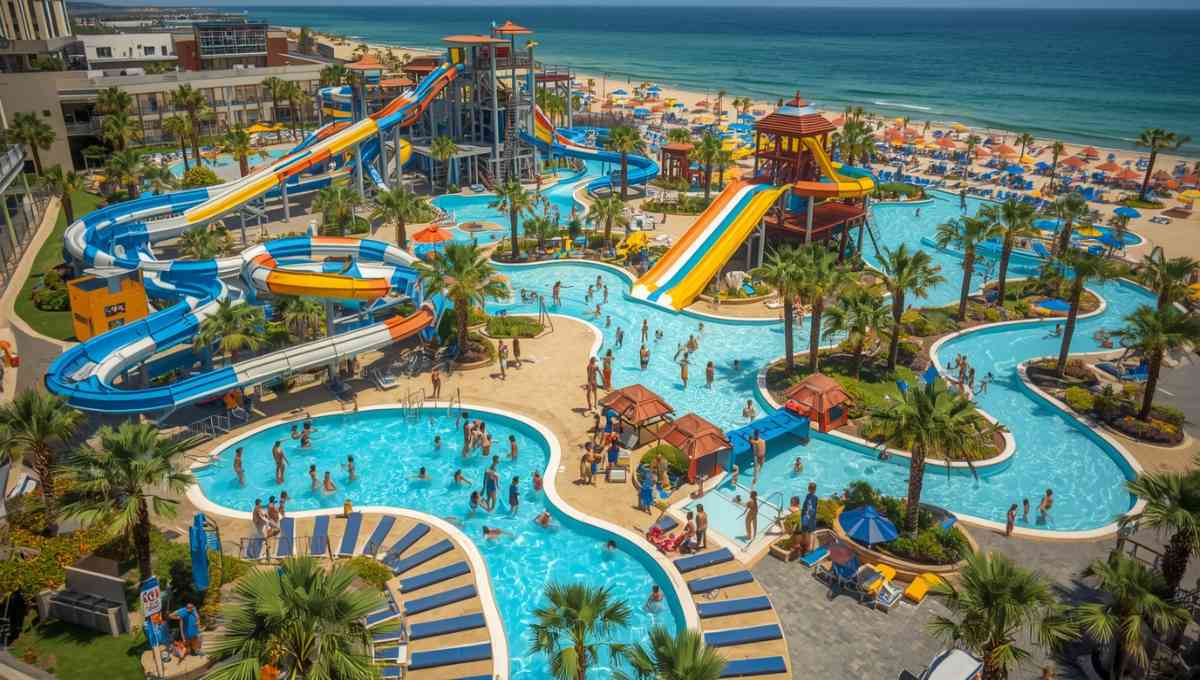 Complexe aquatique haut de gamme d'un camping cinq étoiles avec toboggans, piscines à vagues et aménagements luxueux