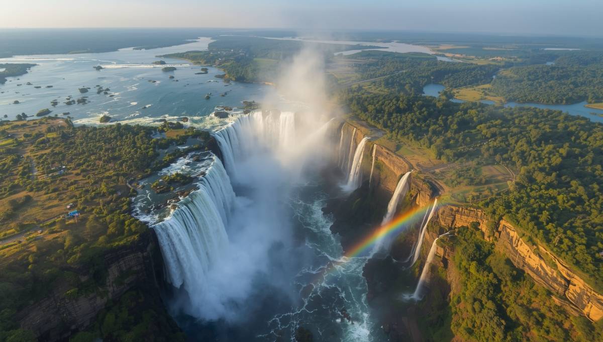 Vue aérienne des chutes Victoria en Afrique australe, cascade spectaculaire entre Zambie et Zimbabwe