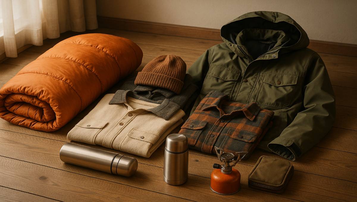 Équipement de camping automnal préparé avec vêtements chauds, sac de couchage et matériel