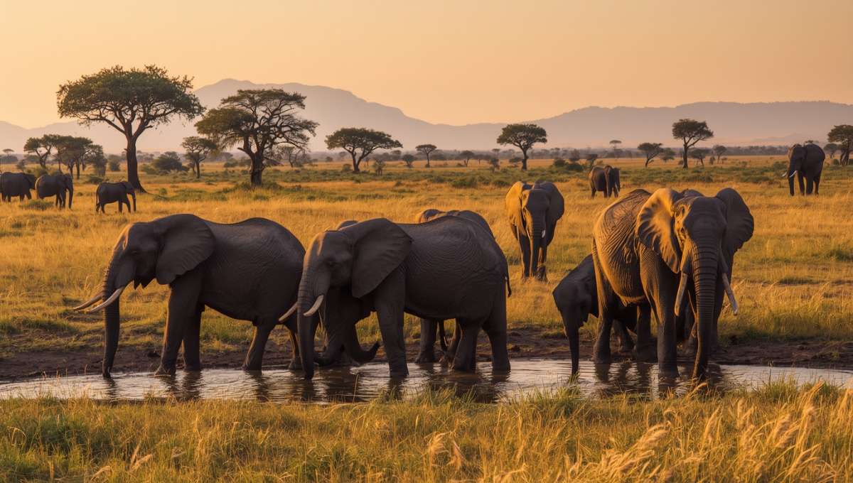 Troupeau d'éléphants au point d'eau dans un parc national d'Afrique australe en Zambie