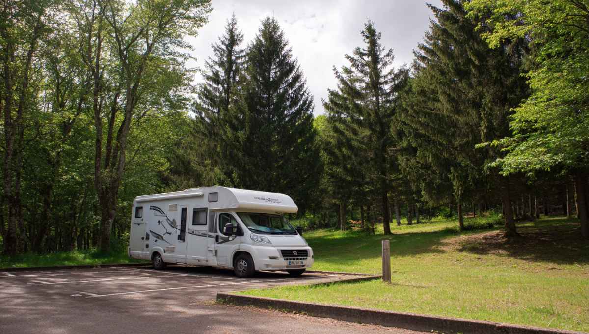 Camping-car stationné sur un parking autorisé en zone rurale
