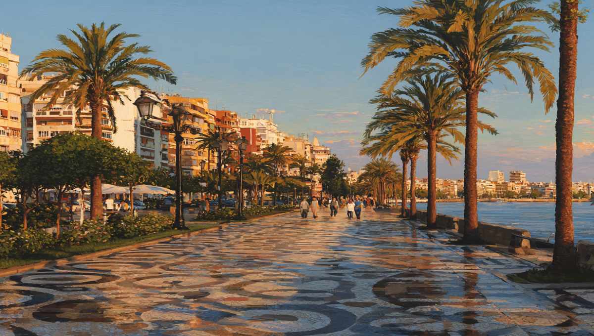 Promenade paisible en bord de mer à Alicante en Espagne au coucher du soleil, ambiance sécurisée et familiale