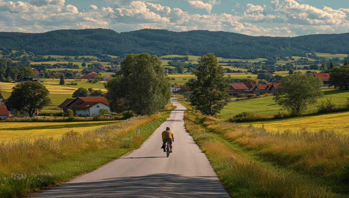 Cycliste sur une route de campagne en Bavière entouré de paysages verdoyants et de fermes traditionnelles en été