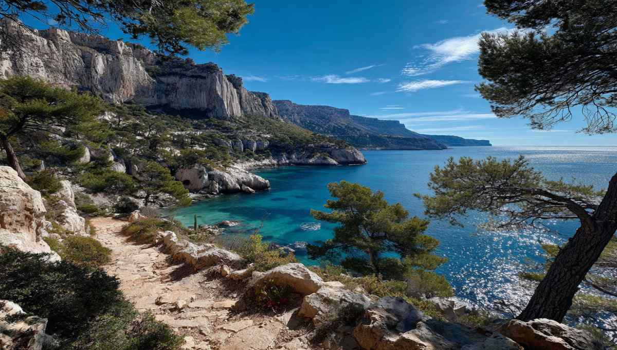 Panorama des Calanques de Cassis en France avec eaux turquoise, falaises et sentier de randonnée