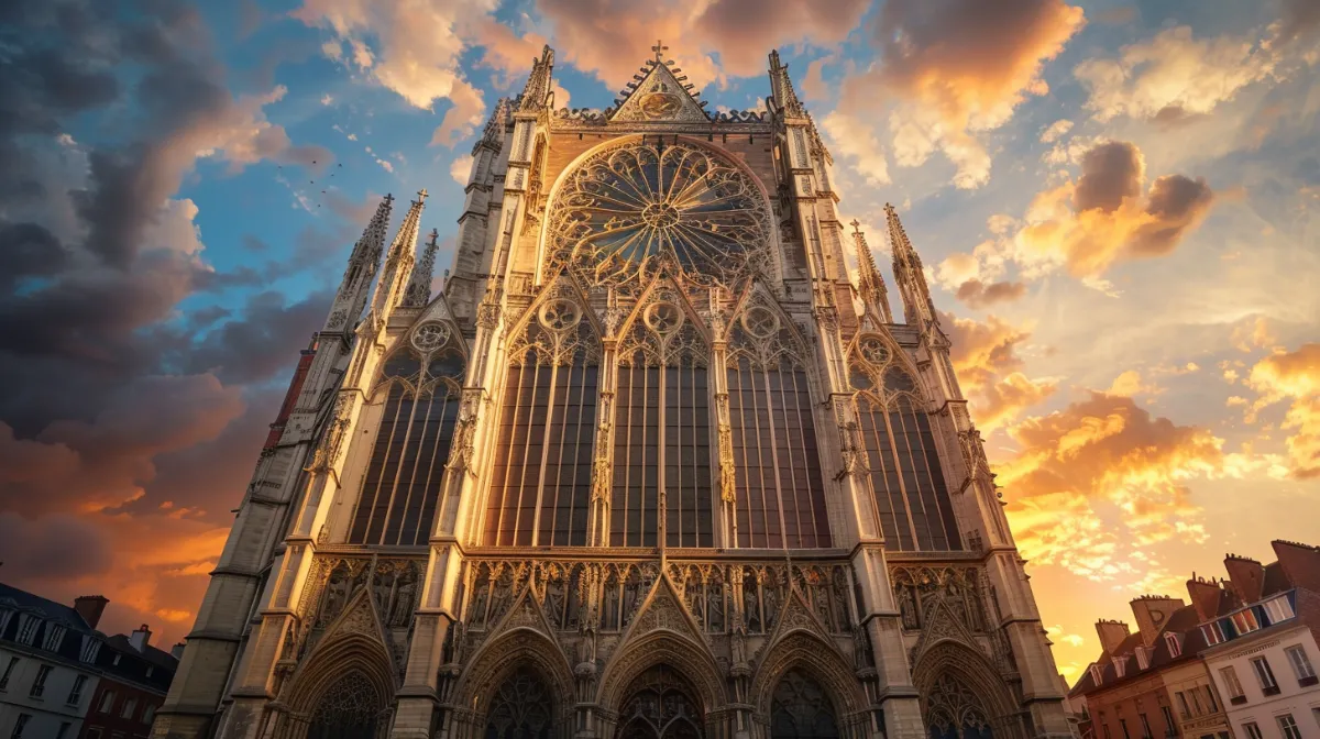 Vue extérieure majestueuse de la cathédrale Notre-Dame d'Amiens, la plus grande cathédrale gothique de France, sous un ciel bleu.