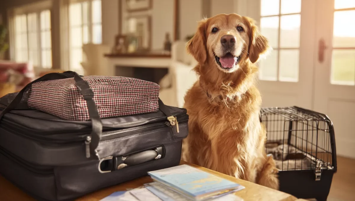 Chien heureux à côté de bagages et cage de transport pour préparer un voyage avec certificat Anivetvoyage
