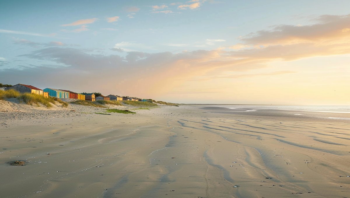 Plage du Crotoy exposée plein sud en Baie de Somme, vue panoramique au coucher du soleil