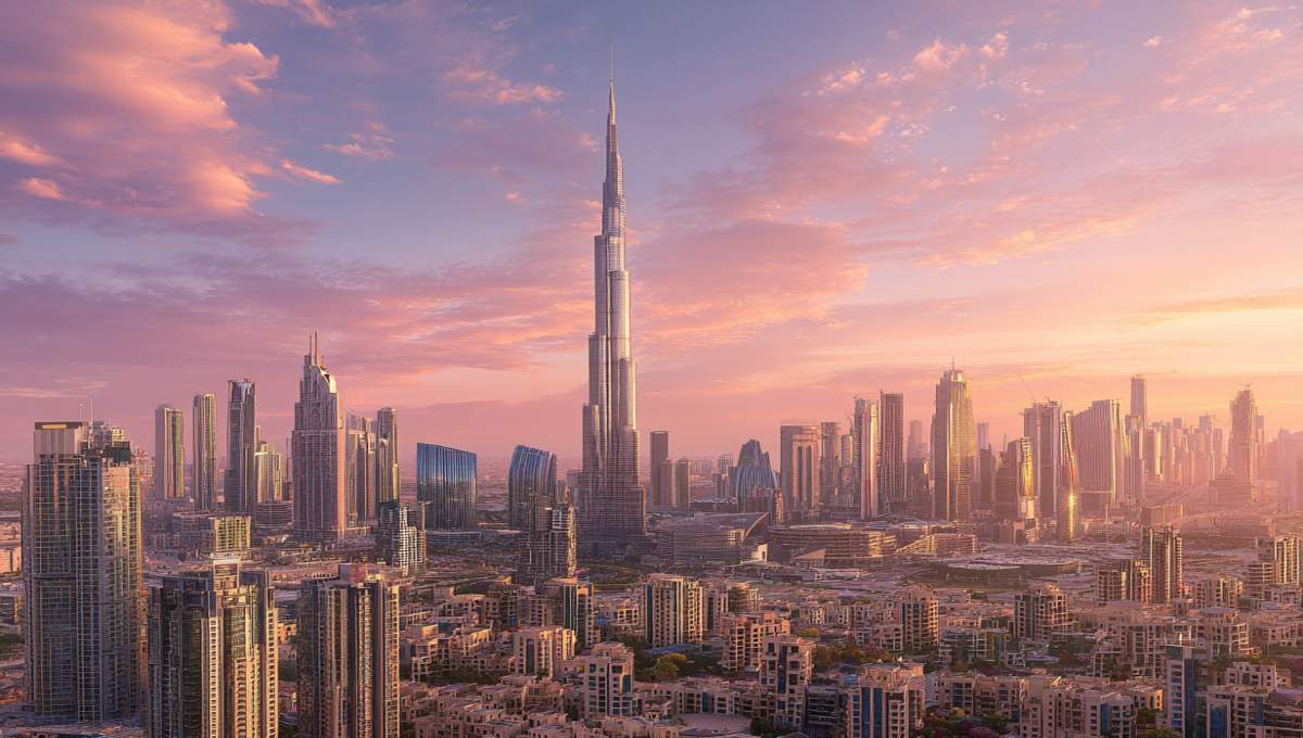 Skyline de Dubaï au coucher du soleil avec Burj Khalifa, voyage Dubaï Emirates Holidays