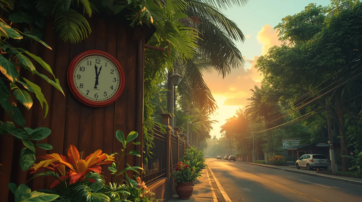 Horloge indiquant l'heure locale à Cayenne, Guyane française, au lever du soleil dans un paysage tropical avec végétation luxuriante et lumière chaude.