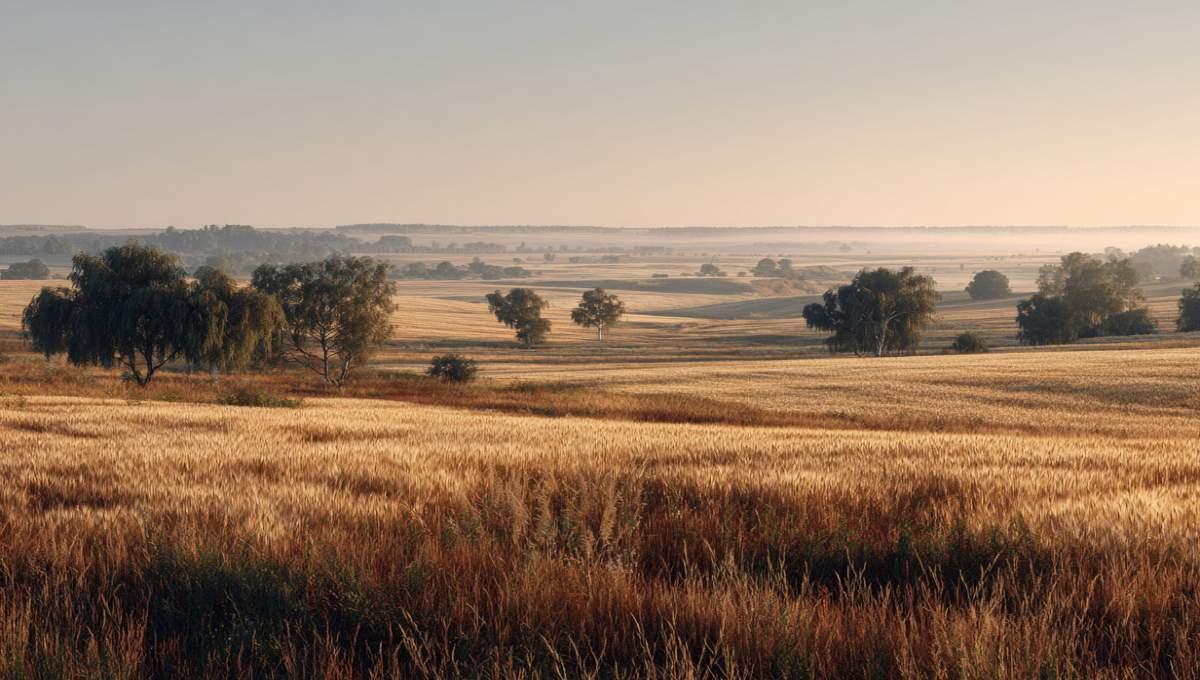 Plaines agricoles typiques de la région de Soumy en Ukraine où se trouve le village de Horile