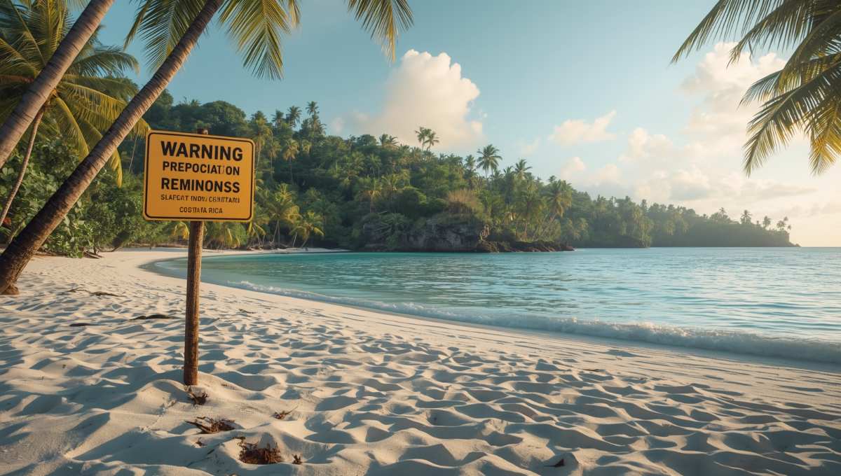 Plage tropicale du Costa Rica avec panneaux d'interdiction pour touristes, règles de voyage et sécurité