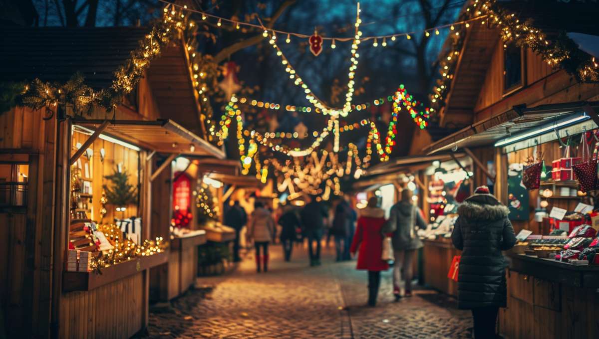 Allée du marché de Noël avec chalets illuminés et visiteurs flânant entre les stands artisanaux