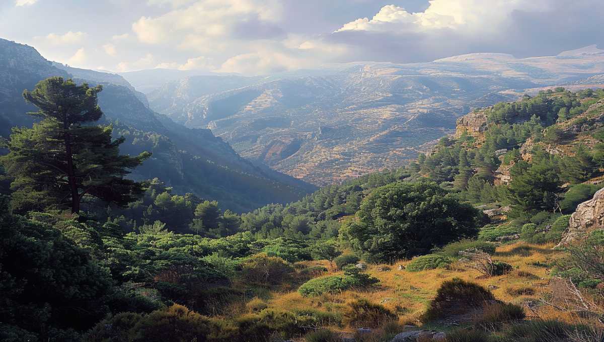 Paysage montagneux du nord du Liban avec relief vallonné et forêts de cèdres