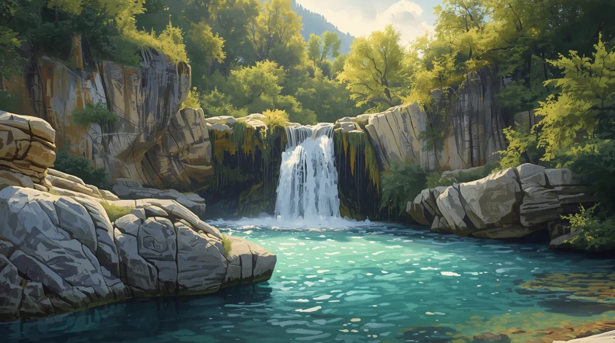 Peinture numérique du Gour de la Sompe en Ardèche, cascade et bassin turquoise au soleil