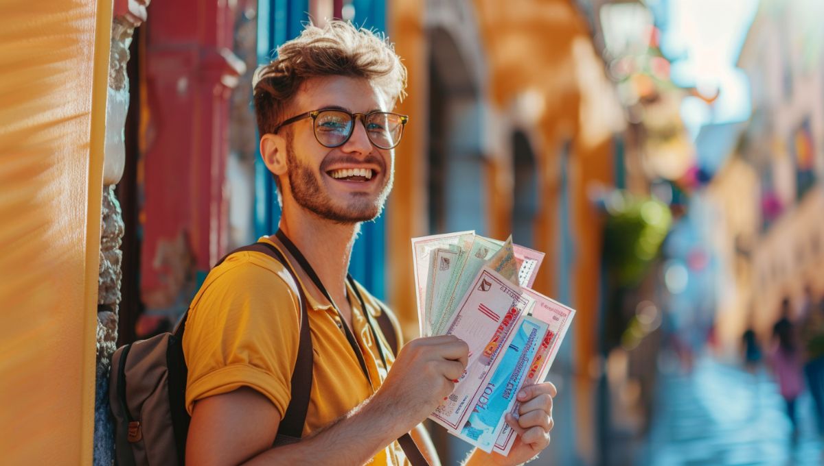 Personne souriante tenant des chèques-vacances, prête à partir en vacances, illustrant la simplicité d’utilisation