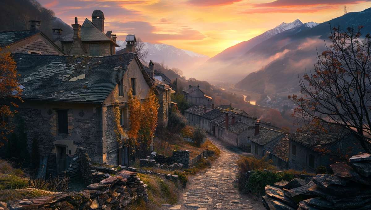 Village abandonné en France avec maisons en pierre et toits effondrés dans un cadre montagneux