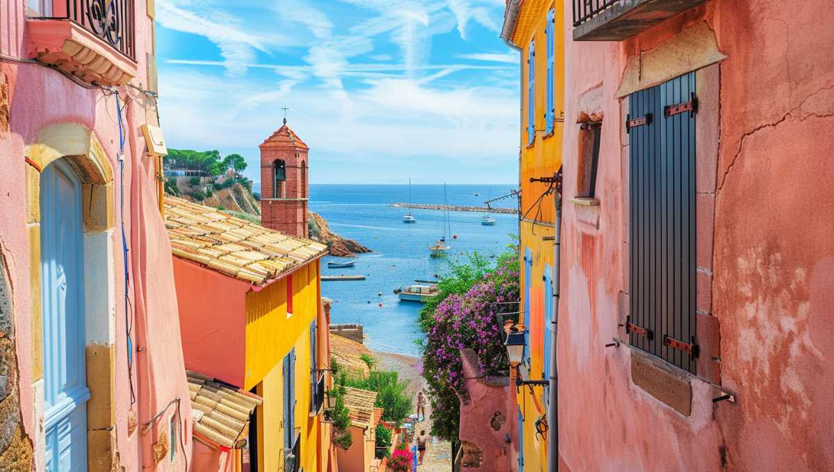 Village méditerranéen aux façades colorées typiques de la Côte Vermeille avec clocher et ruelles pavées